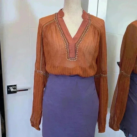 Anthropologie Blink London rust orange beaded bohemian top - Picture 3 of 12